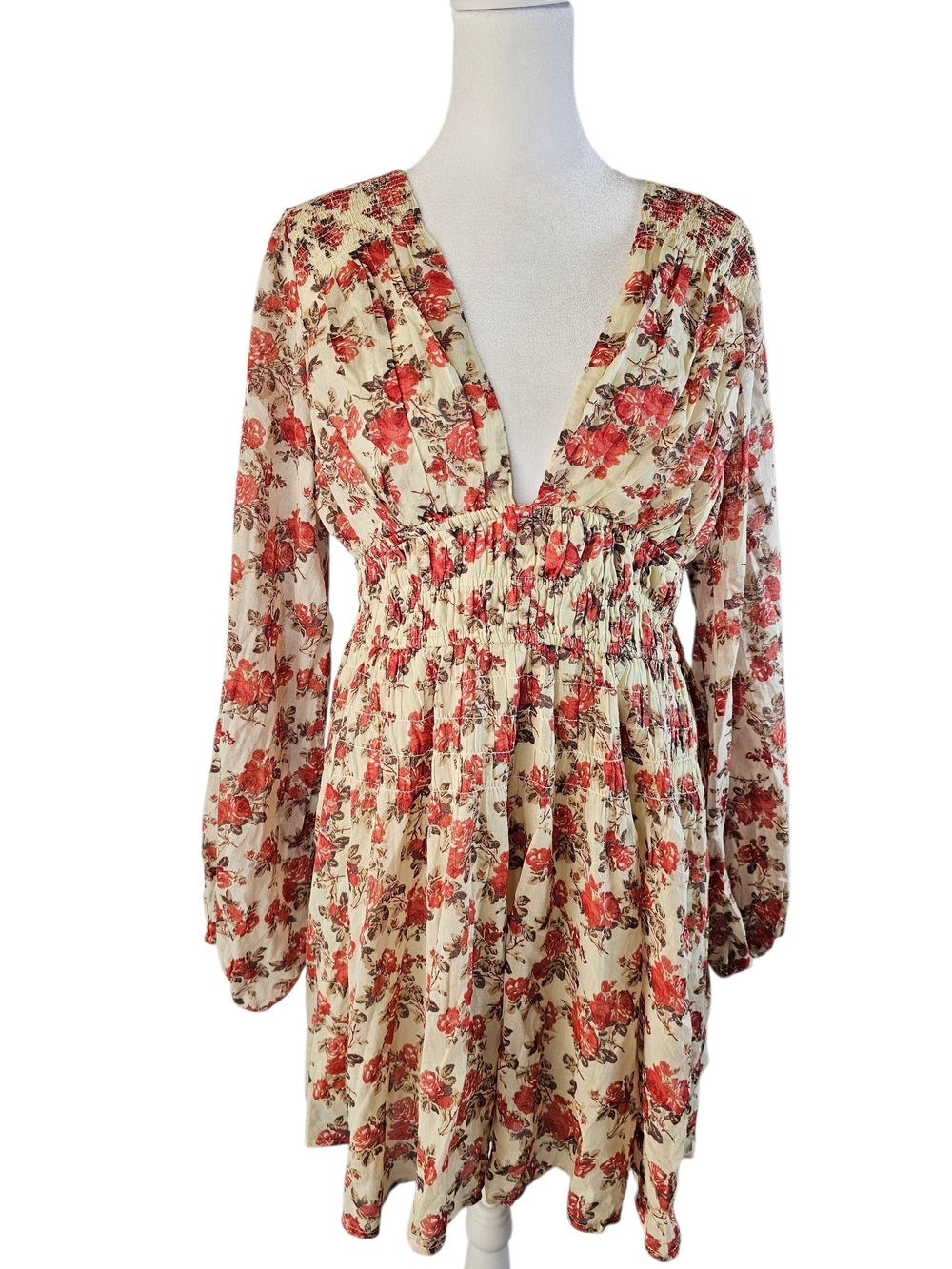 Free People Keep You Smocked Mini Dress Long Balloon Sleeve V Neck Size S - Picture 3 of 13
